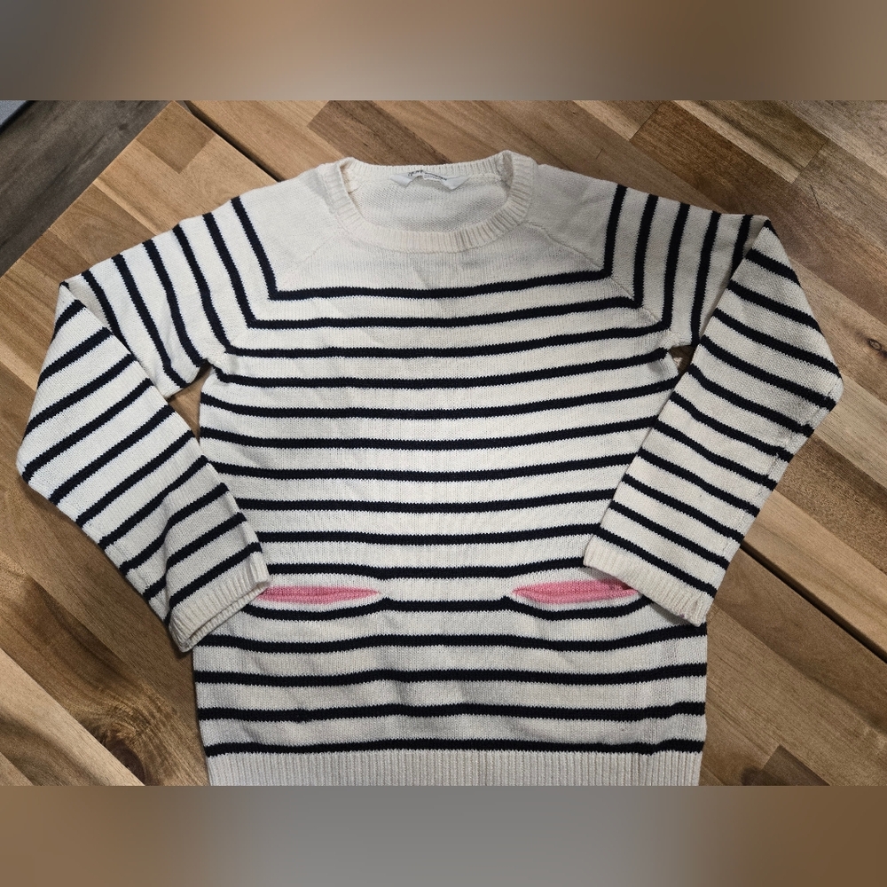H&M Navy and White Striped Knit Sweater with Pink Accented Pockets